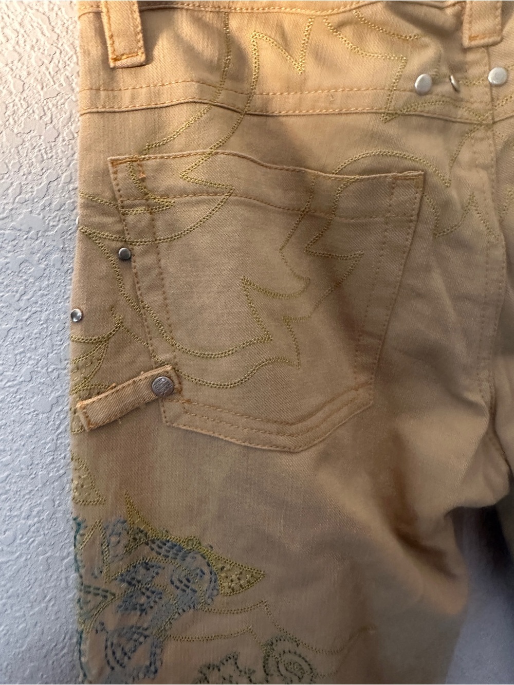 Tan Embroidered Wide-Leg Jeans with Paisley Detail - Picture 9 of 10